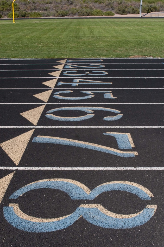Starting point of running track with each lane numbered from one to eight