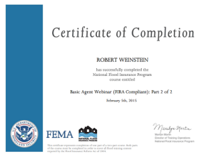 Certificate of Completion in FEMA's Flood Insurance Basic Agent training for Robert Weinstein