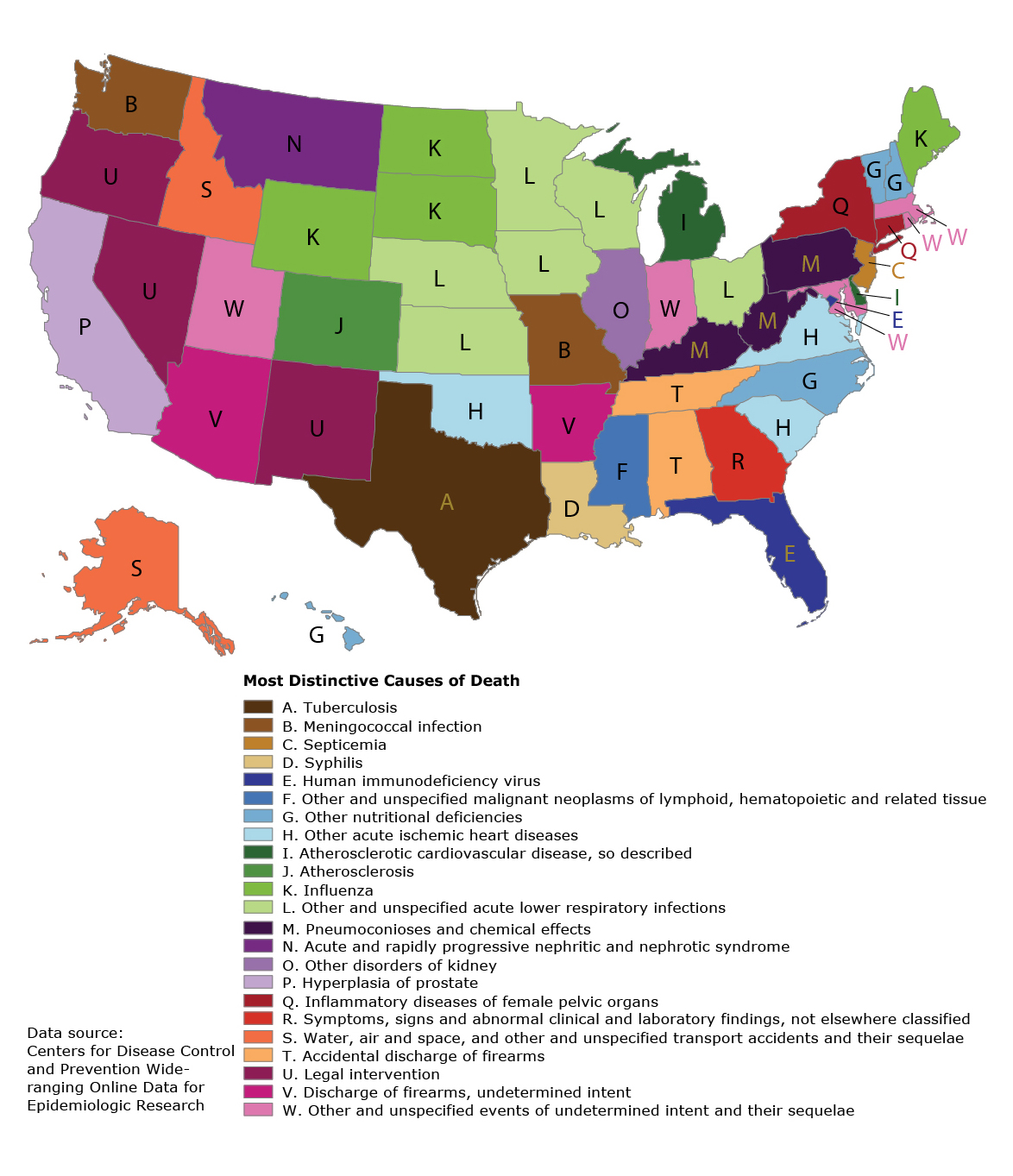 Map_of_US_Most_Distinctive_Causes_of_Death Crazy Ways That People Die and a Video of 10 Horrible Ways To Die