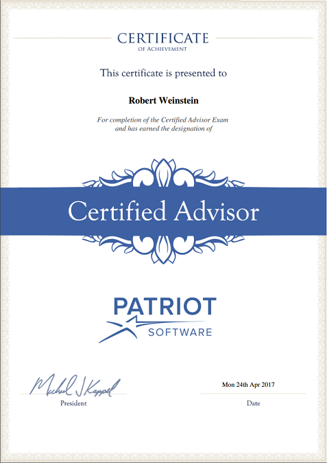 Robert Weinstein Certified Advisor for Patriot Software Certificate