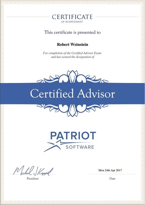 Robert_Weinstein_Patriot-Software_Certified_Advisor_Payroll_Software-2017-04-24 Patriot Payroll and Accounting Software Certified Advisor Certificate