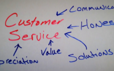 Customer Service handwritten with blue letters consisting of communication honesty , solutions, value, and appreciation written with arrows pointing towards the words Customer Service in Red
