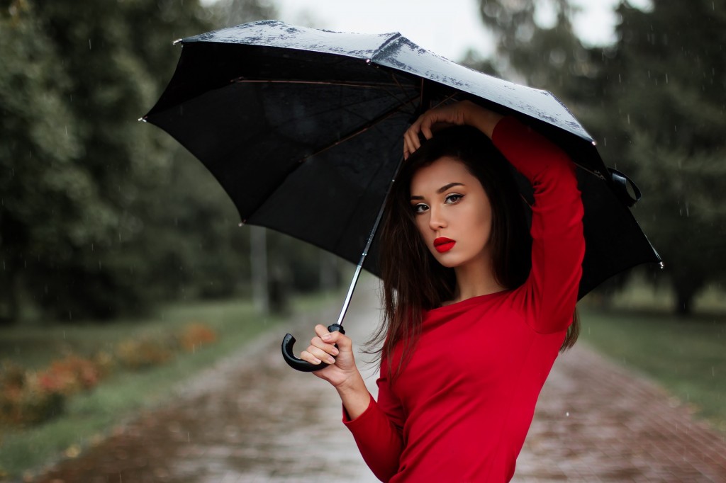 Woman wearing red with red lipstick holding an umbrella in the rain to represent the protection an umbrella policy offers