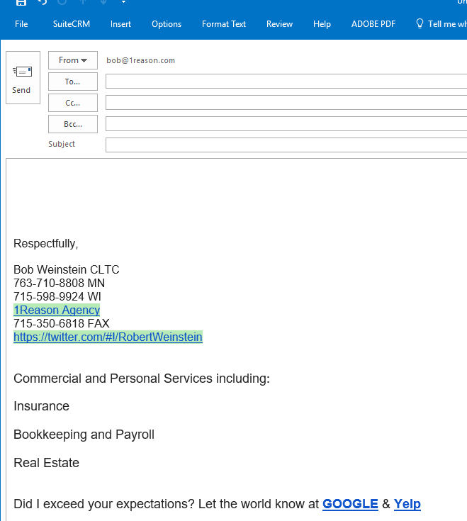 Microsoft Office 365 Online Subscription Outlook outgoing email interface with 1 Reason's new signature