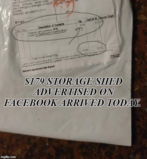 Facebook Shopify Storage Shed scam refund instructions, here's a copy of the item sent packaging