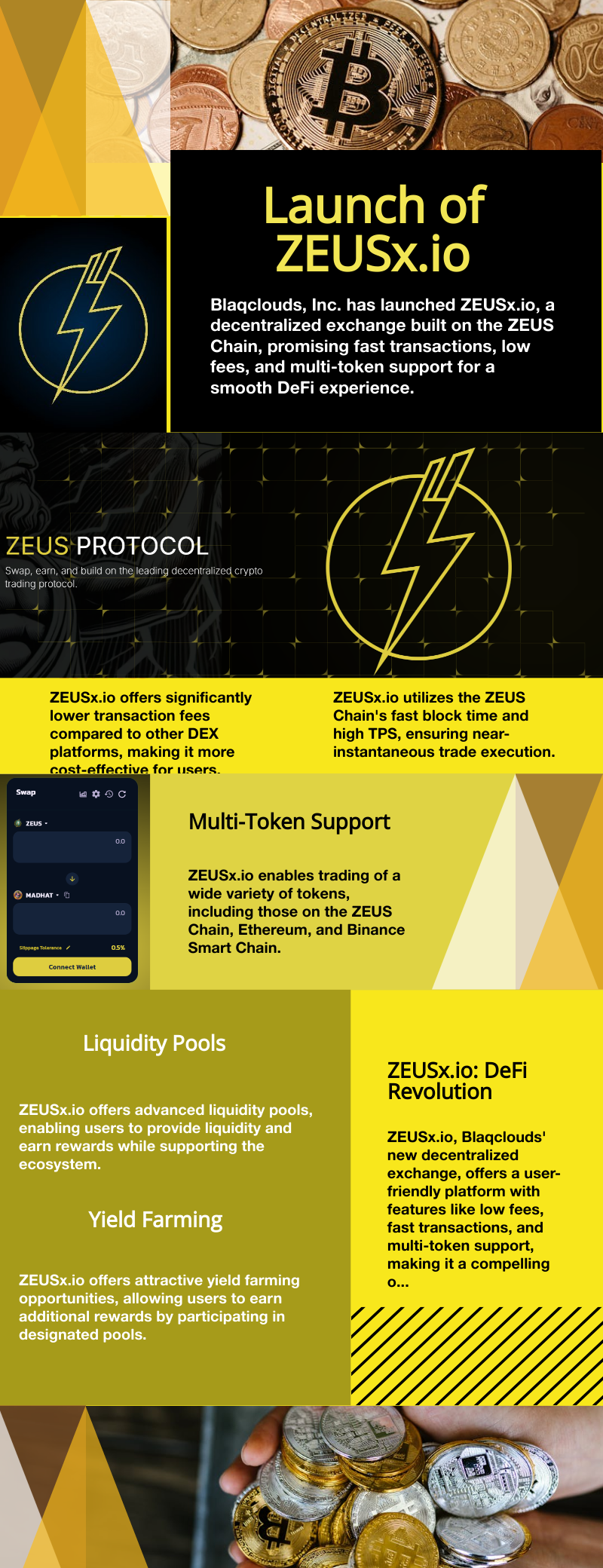 infographc Blaqclouds, Inc. Announces the Launch of ZEUSx.io DEX to Customers and Shareholders