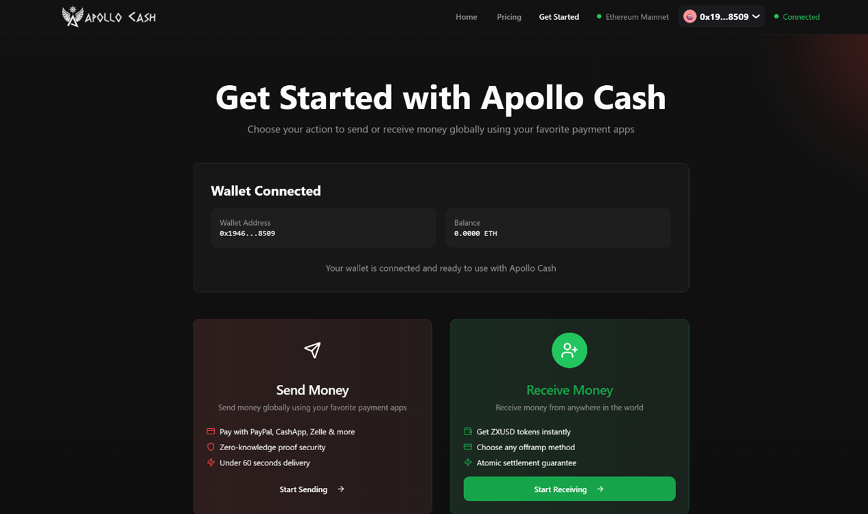 apollocash-simple-send-and-receive-ui BLAQclouds Unveils ApolloCASH — A Breakthrough Settlement Protocol Connecting Global Cash Apps to Web3 Liquidity